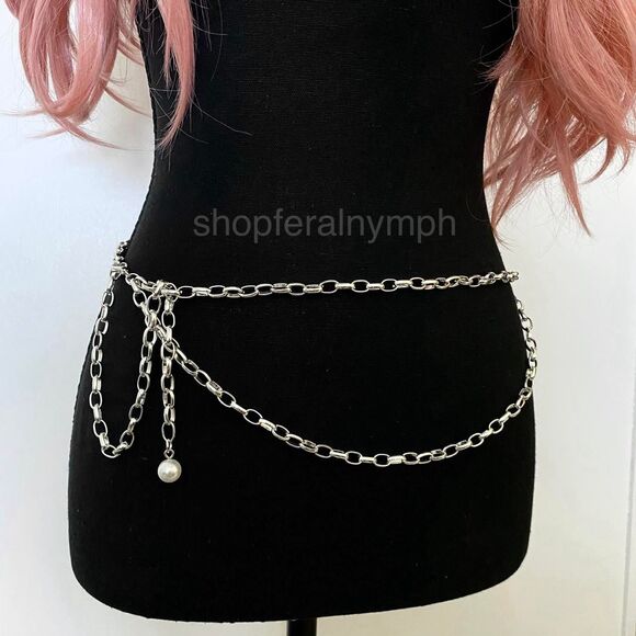Unbranded Accessories - Silver Y2K Pearl Layered Draped Link Chain Belt, Fits 13.5-40.5 Inches, X7GA1283